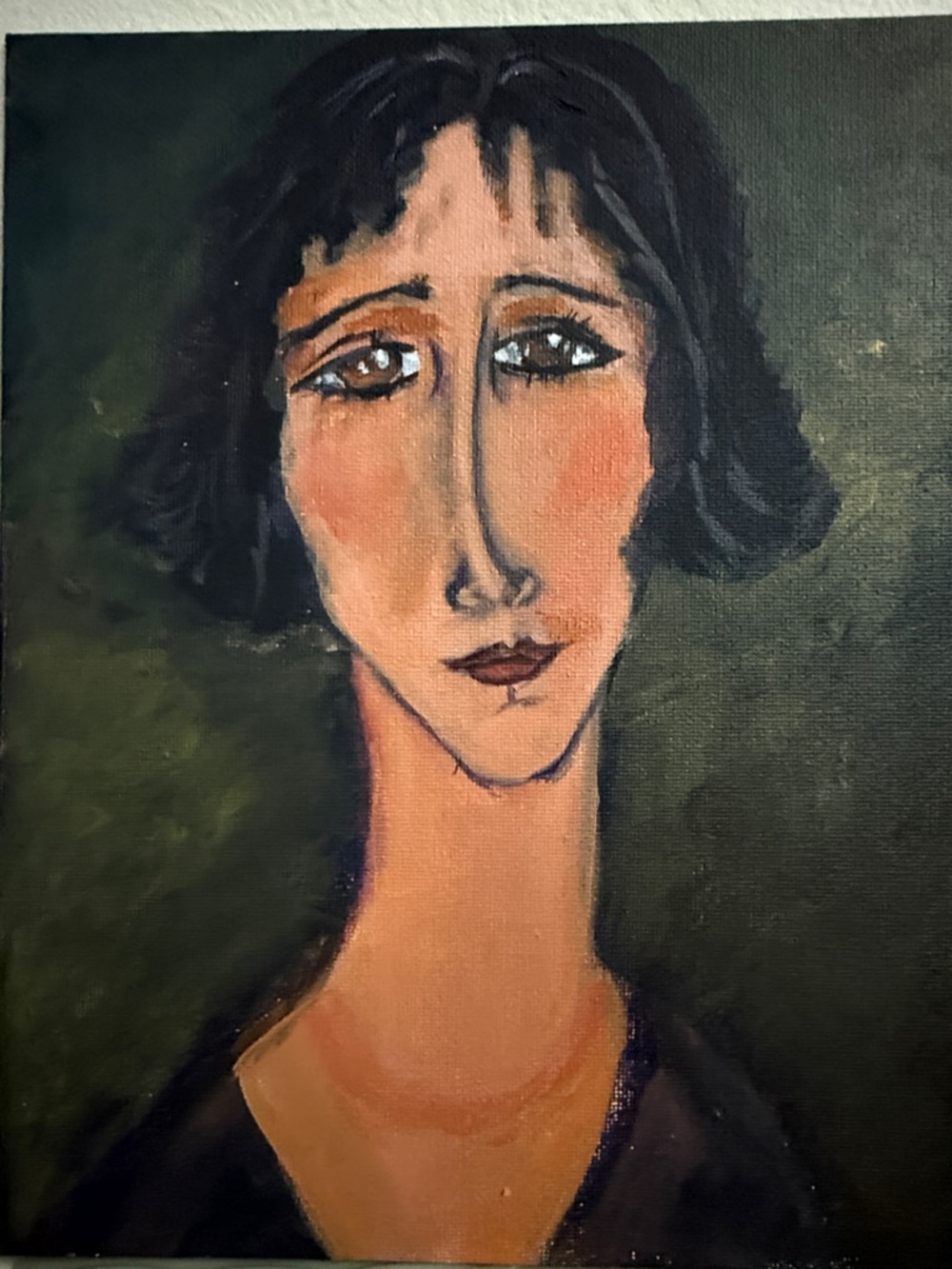 Hand-Painted Portrait in Green and Peach Tones inspired by Amedeo Modigliani.